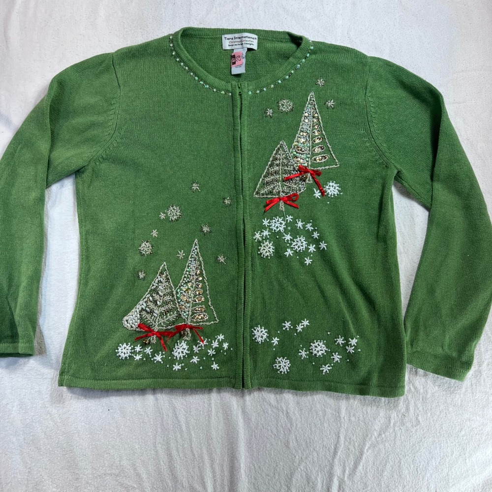 Tiara International Christmas Collection Green Beaded Tree Zip Cardigan XL